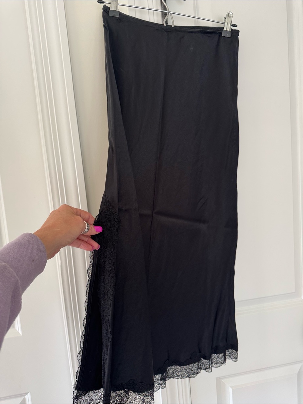 Topshop Black Satin Midi Skirt with Slit and Lace size 6